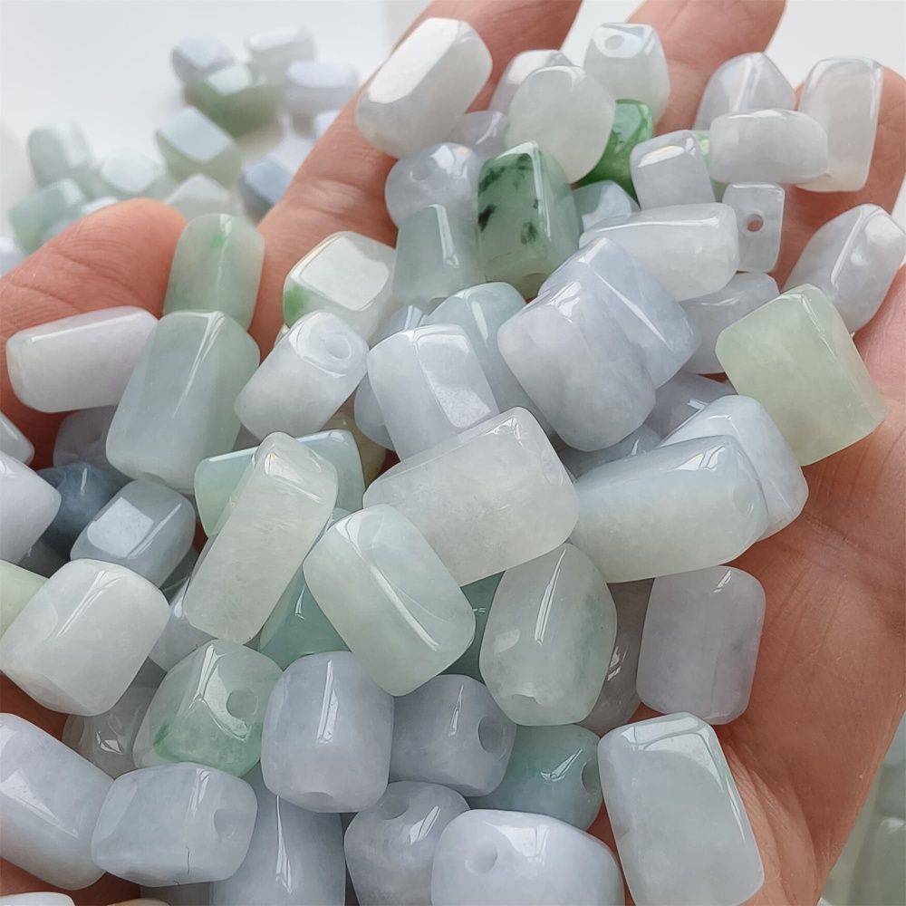 DDP | 20pcs Natural Certificated Type A 8-13X7.5mm Green White Watery Burmese Jadeite Smooth Rectangle Beads,Burma Jadeite Loose Beads,DIY Jewelry Supplies