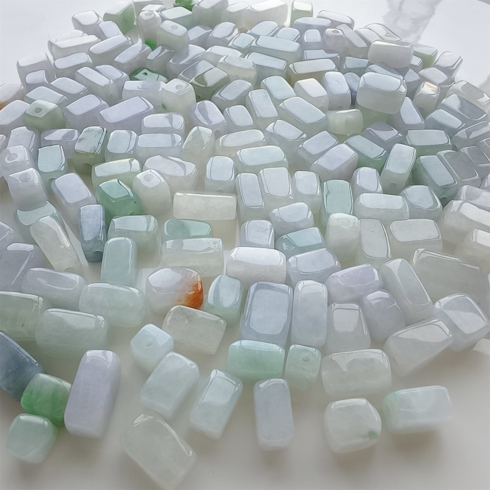 DDP | 20pcs Natural Certificated Type A 8-13X7.5mm Green White Watery Burmese Jadeite Smooth Rectangle Beads,Burma Jadeite Loose Beads,DIY Jewelry Supplies