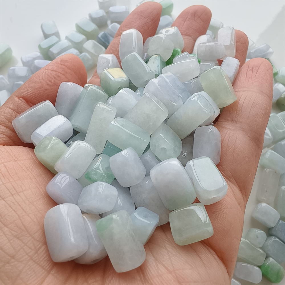 DDP | 20pcs Natural Certificated Type A 8-13X7.5mm Green White Watery Burmese Jadeite Smooth Rectangle Beads,Burma Jadeite Loose Beads,DIY Jewelry Supplies