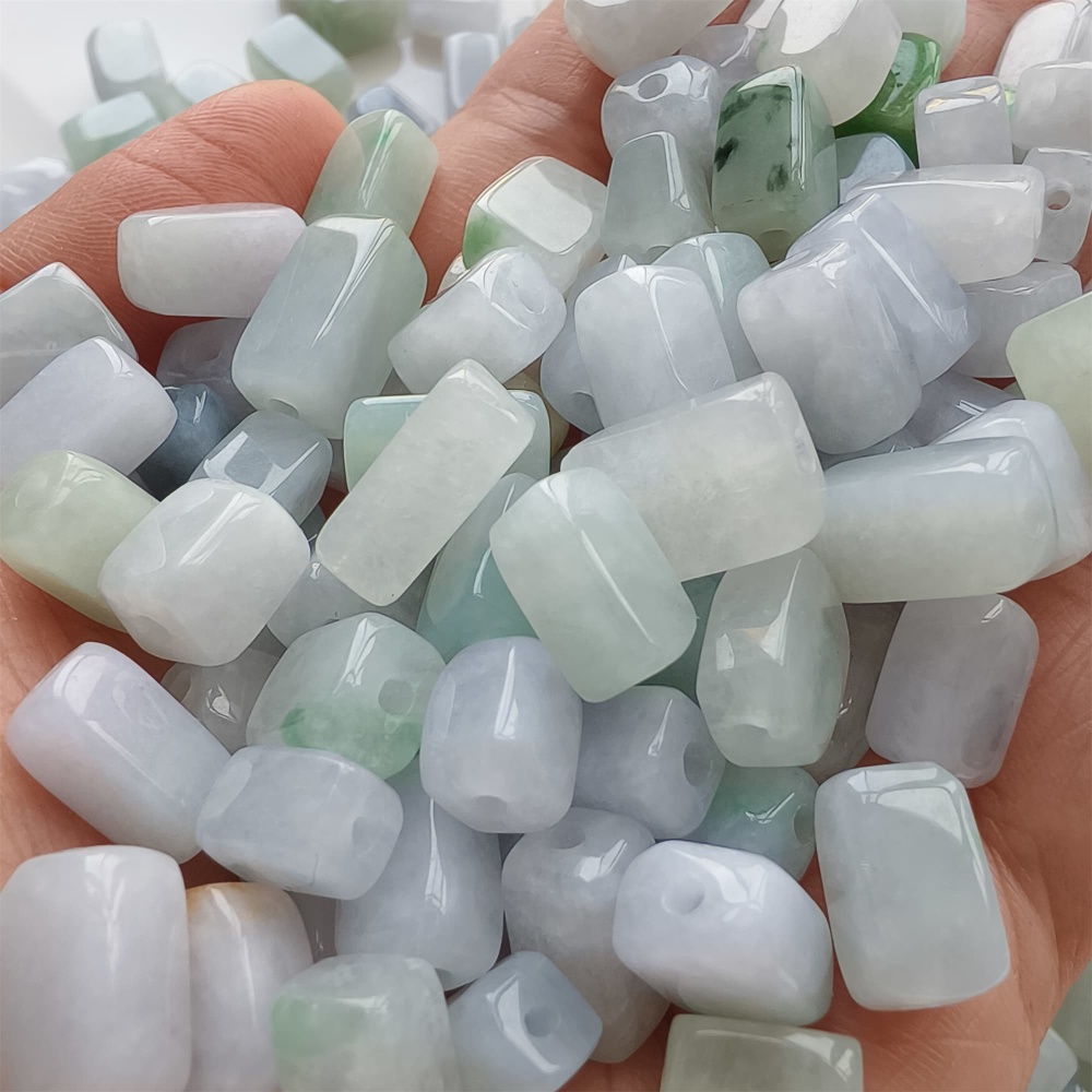 DDP | 20pcs Natural Certificated Type A 8-13X7.5mm Green White Watery Burmese Jadeite Smooth Rectangle Beads,Burma Jadeite Loose Beads,DIY Jewelry Supplies