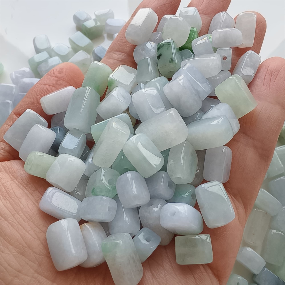 DDP | 20pcs Natural Certificated Type A 8-13X7.5mm Green White Watery Burmese Jadeite Smooth Rectangle Beads,Burma Jadeite Loose Beads,DIY Jewelry Supplies