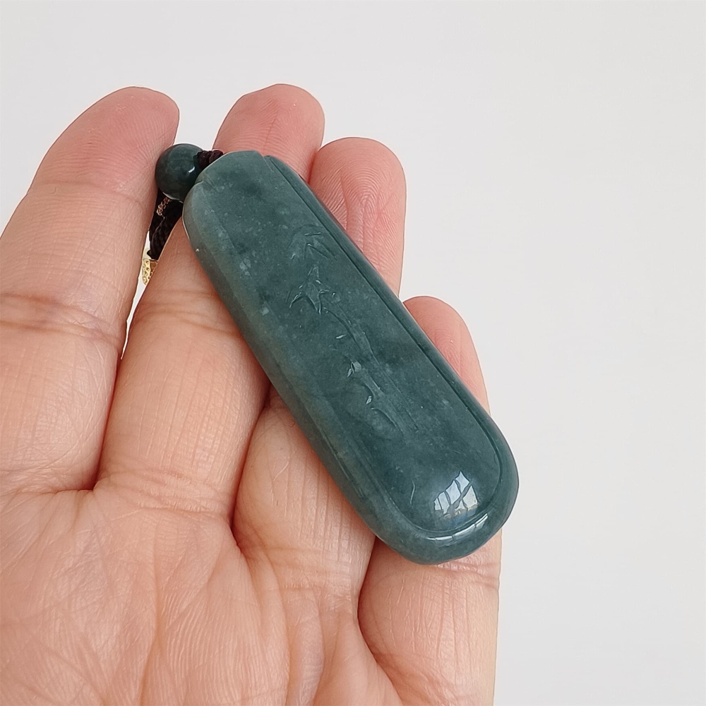 DDP | Natural Type A 56.5X20X7.5mm Untreated Icy Waxy Blue Watery Guatemalan Jadeite Rectangle Pendant With Bamboo Carved,DIY Jewelry Supplies