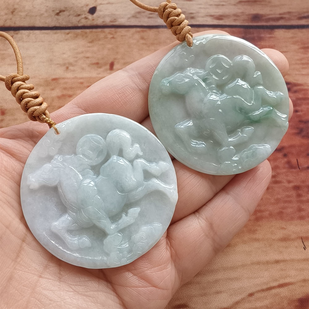 DDP | Natural Certificated Type A 48-50mm Icy Light Green White Burmese Jadeite Round Pendant With Horse Carved,DIY Jewelry Supplies