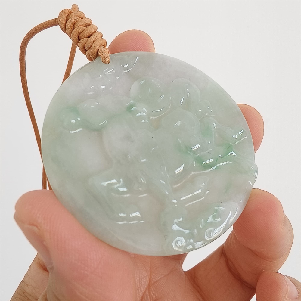 DDP | Natural Certificated Type A 48-50mm Icy Light Green White Burmese Jadeite Round Pendant With Horse Carved,DIY Jewelry Supplies