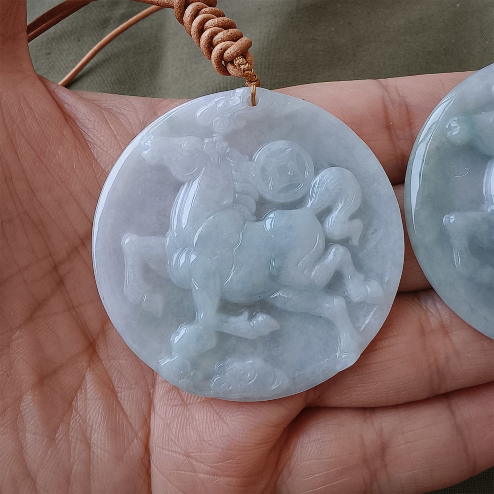 DDP | Natural Certificated Type A 48-50mm Icy Light Green White Burmese Jadeite Round Pendant With Horse Carved,DIY Jewelry Supplies