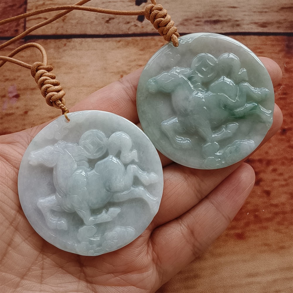 DDP | Natural Certificated Type A 48-50mm Icy Light Green White Burmese Jadeite Round Pendant With Horse Carved,DIY Jewelry Supplies