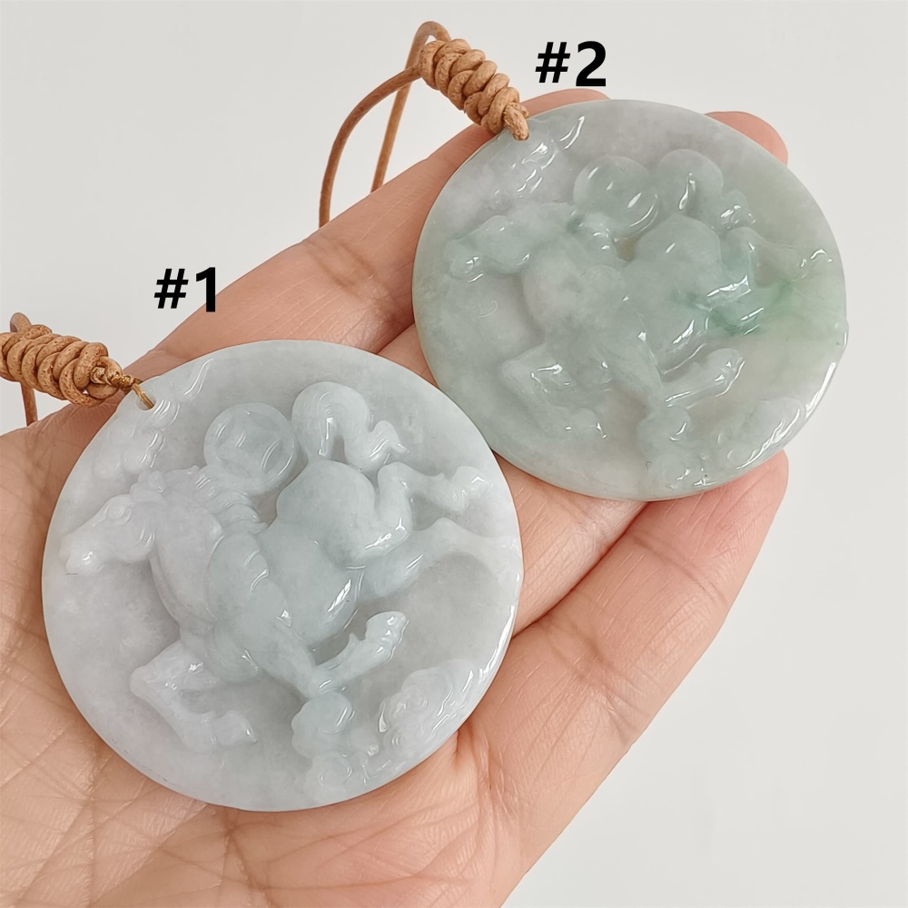DDP | Natural Certificated Type A 48-50mm Icy Light Green White Burmese Jadeite Round Pendant With Horse Carved,DIY Jewelry Supplies