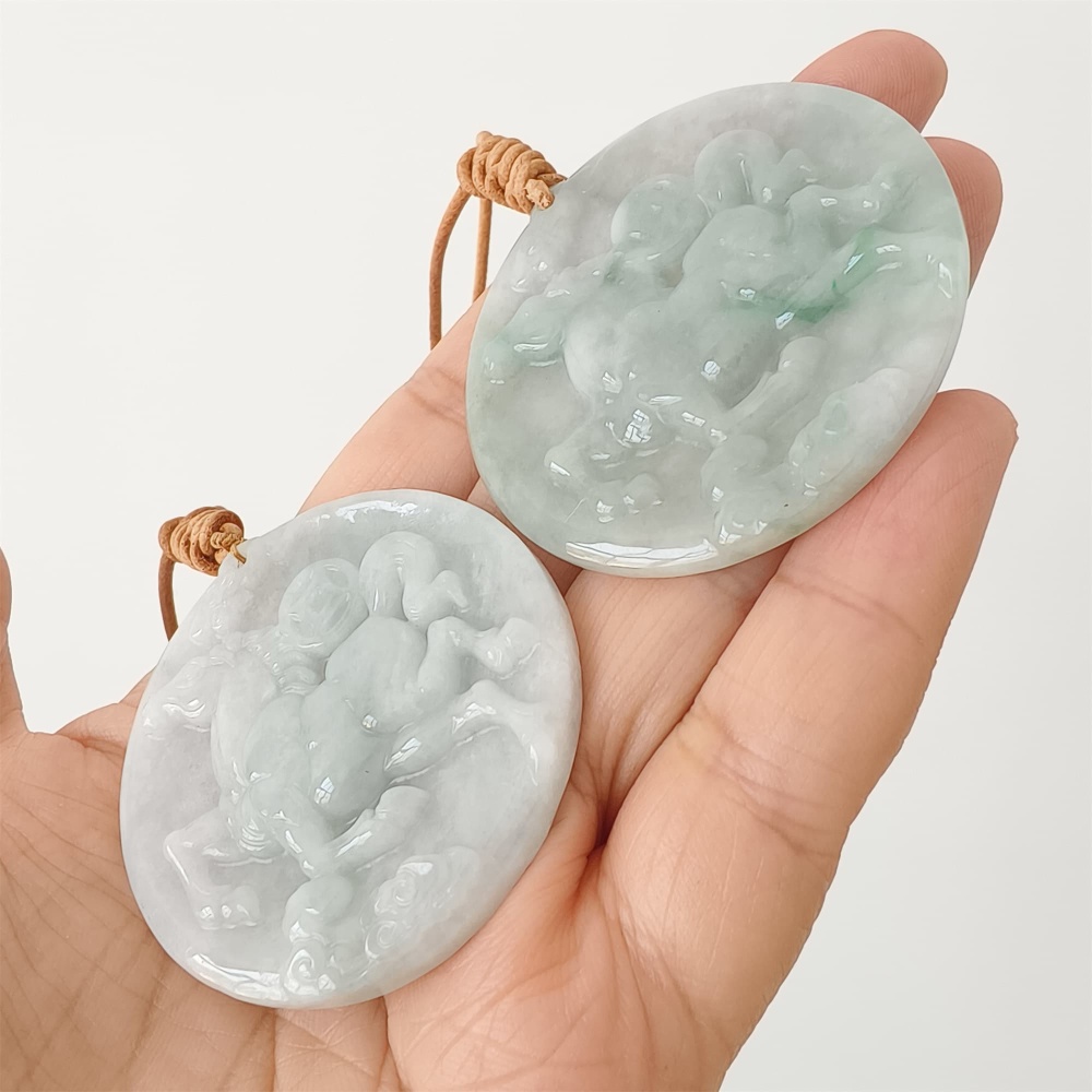 DDP | Natural Certificated Type A 48-50mm Icy Light Green White Burmese Jadeite Round Pendant With Horse Carved,DIY Jewelry Supplies