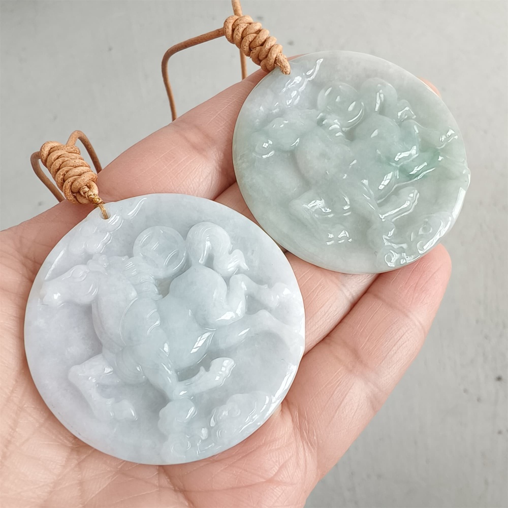 DDP | Natural Certificated Type A 48-50mm Icy Light Green White Burmese Jadeite Round Pendant With Horse Carved,DIY Jewelry Supplies