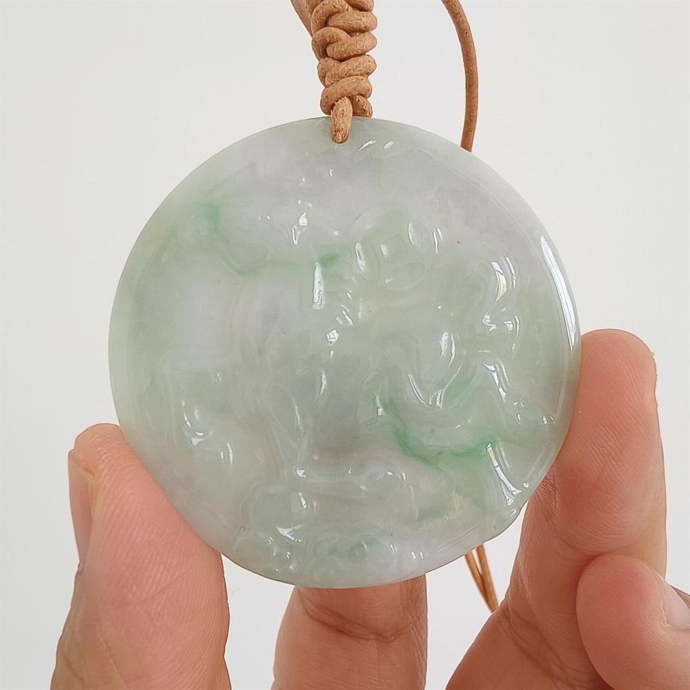 DDP | Natural Certificated Type A 48-50mm Icy Light Green White Burmese Jadeite Round Pendant With Horse Carved,DIY Jewelry Supplies