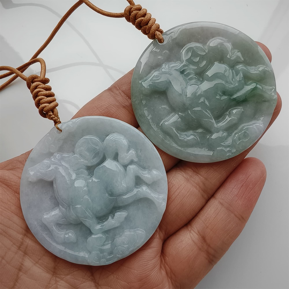 DDP | Natural Certificated Type A 48-50mm Icy Light Green White Burmese Jadeite Round Pendant With Horse Carved,DIY Jewelry Supplies