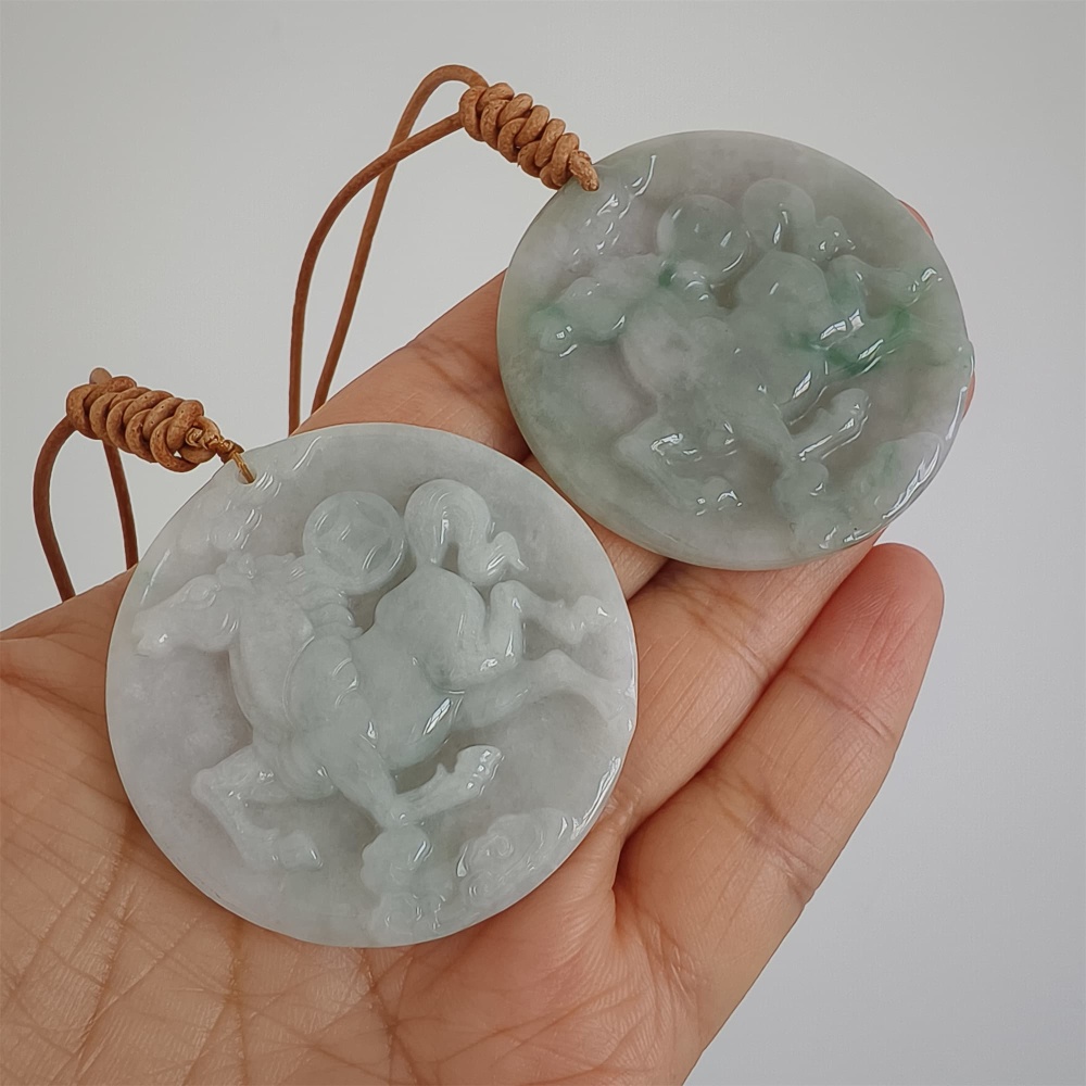 DDP | Natural Certificated Type A 48-50mm Icy Light Green White Burmese Jadeite Round Pendant With Horse Carved,DIY Jewelry Supplies