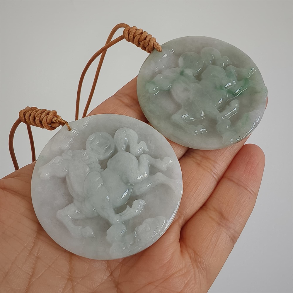 DDP | Natural Certificated Type A 48-50mm Icy Light Green White Burmese Jadeite Round Pendant With Horse Carved,DIY Jewelry Supplies