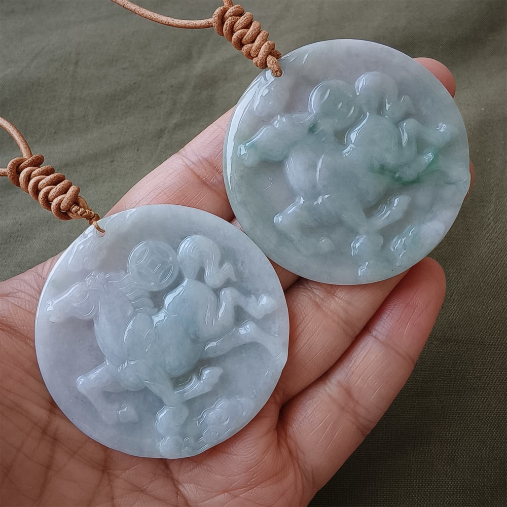 DDP | Natural Certificated Type A 48-50mm Icy Light Green White Burmese Jadeite Round Pendant With Horse Carved,DIY Jewelry Supplies