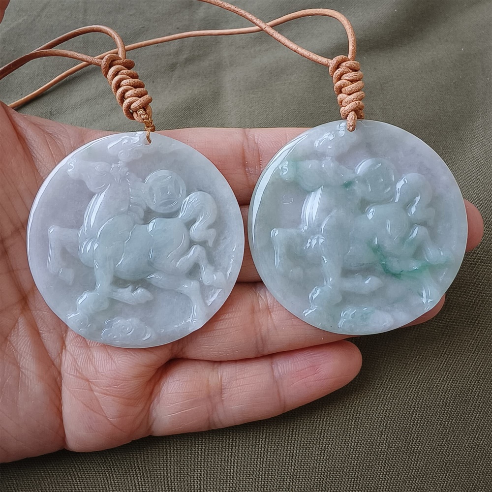 DDP | Natural Certificated Type A 48-50mm Icy Light Green White Burmese Jadeite Round Pendant With Horse Carved,DIY Jewelry Supplies