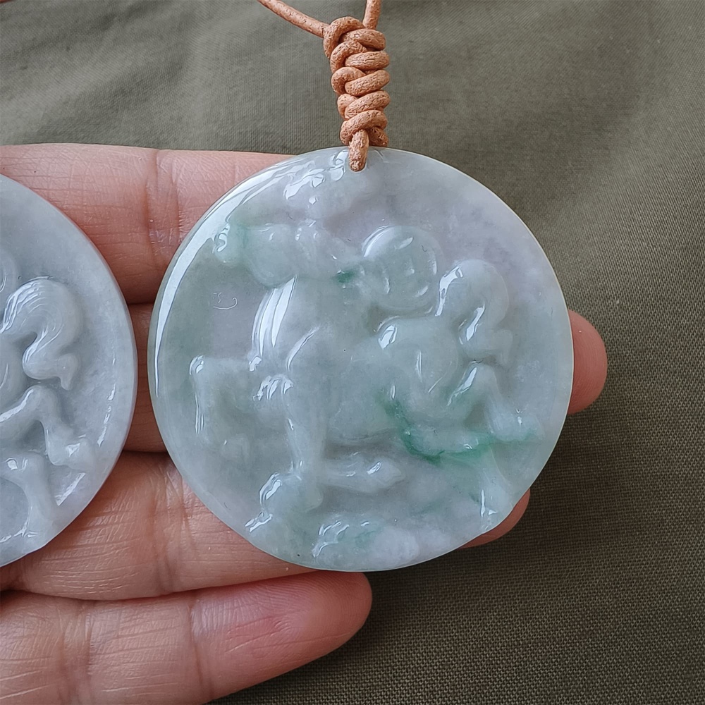 DDP | Natural Certificated Type A 48-50mm Icy Light Green White Burmese Jadeite Round Pendant With Horse Carved,DIY Jewelry Supplies