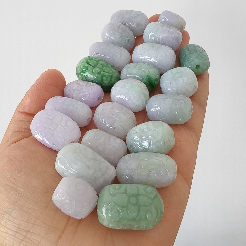 DDP | Natural Certificated Type A 13-17X18-25.5mm Green White Lavender Burmese Jadeite Oval Beads With Flowers Carved,Go Through Hole Beads,DIY Jewelry Supplies
