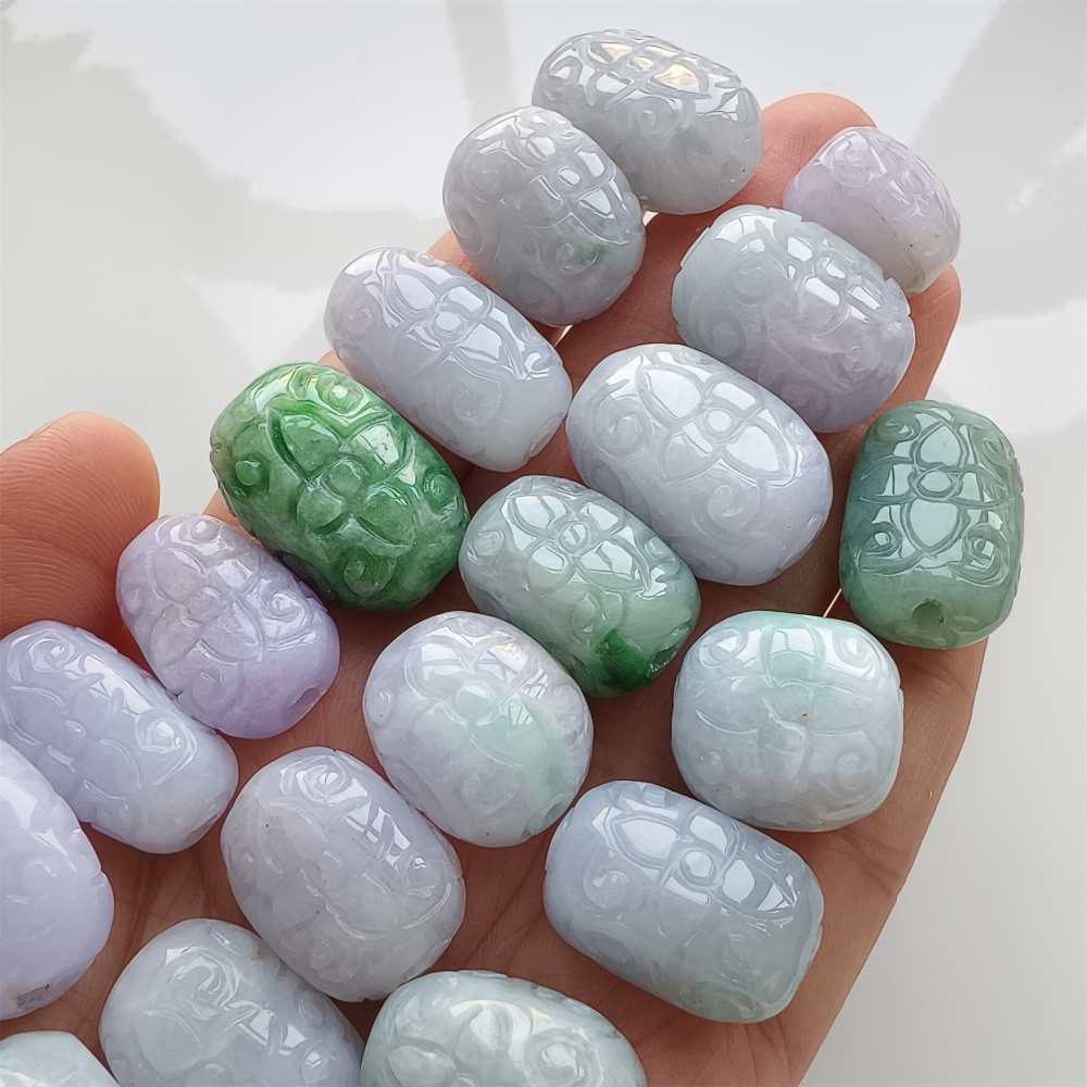 DDP | Natural Certificated Type A 13-17X18-25.5mm Green White Lavender Burmese Jadeite Oval Beads With Flowers Carved,Go Through Hole Beads,DIY Jewelry Supplies