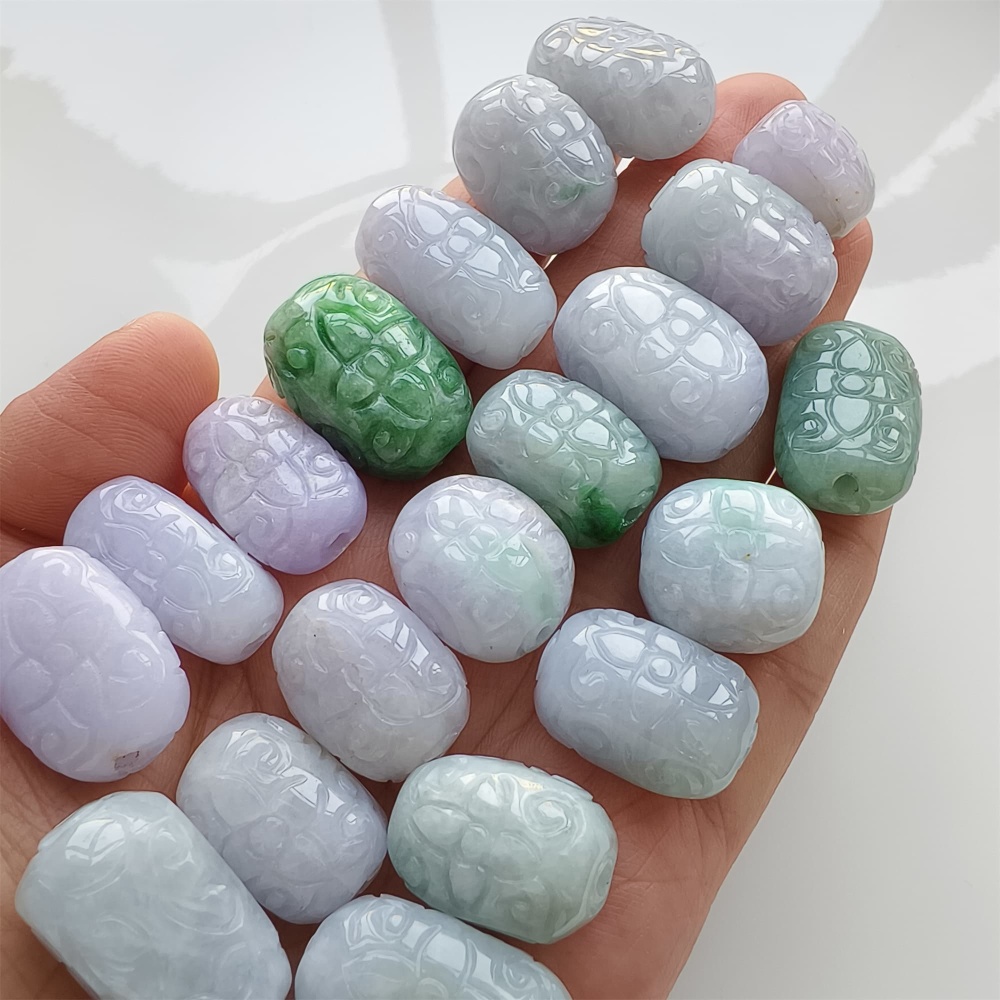 DDP | Natural Certificated Type A 13-17X18-25.5mm Green White Lavender Burmese Jadeite Oval Beads With Flowers Carved,Go Through Hole Beads,DIY Jewelry Supplies
