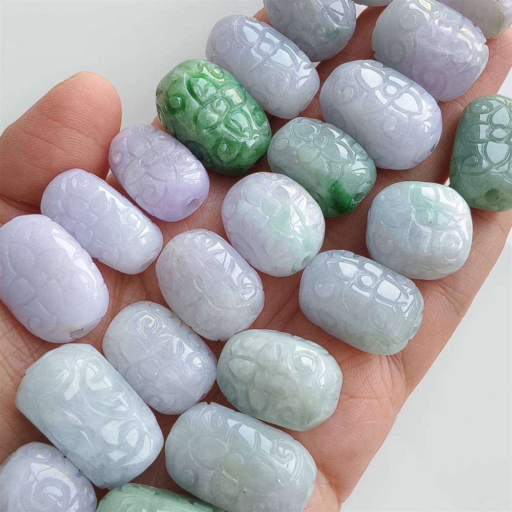 DDP | Natural Certificated Type A 13-17X18-25.5mm Green White Lavender Burmese Jadeite Oval Beads With Flowers Carved,Go Through Hole Beads,DIY Jewelry Supplies