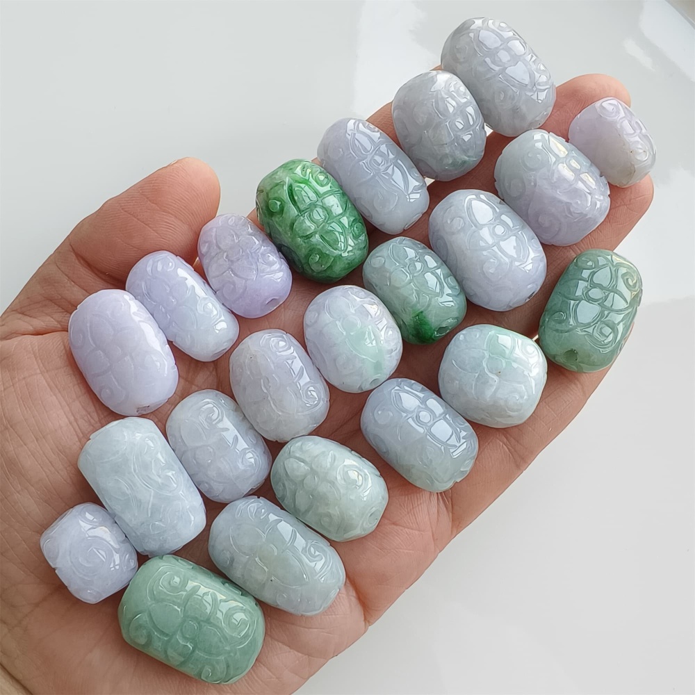 DDP | Natural Certificated Type A 13-17X18-25.5mm Green White Lavender Burmese Jadeite Oval Beads With Flowers Carved,Go Through Hole Beads,DIY Jewelry Supplies
