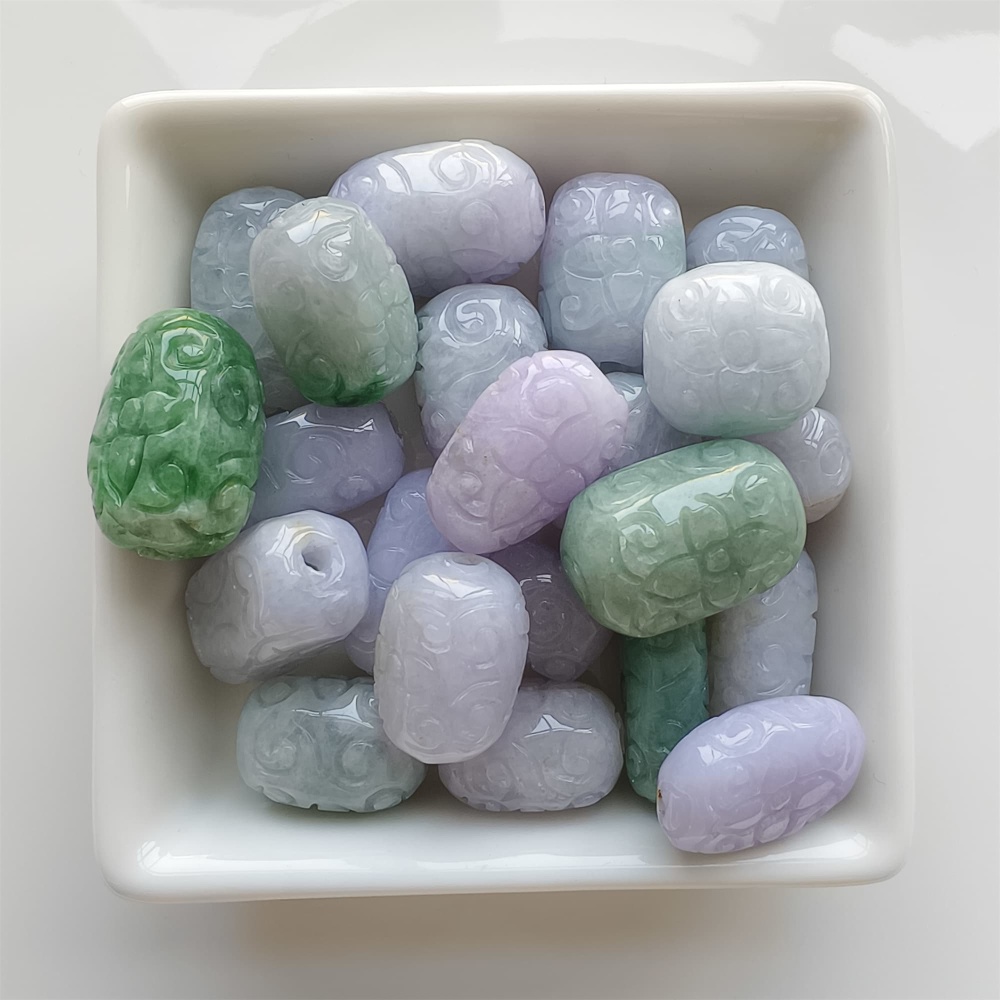 DDP | Natural Certificated Type A 13-17X18-25.5mm Green White Lavender Burmese Jadeite Oval Beads With Flowers Carved,Go Through Hole Beads,DIY Jewelry Supplies