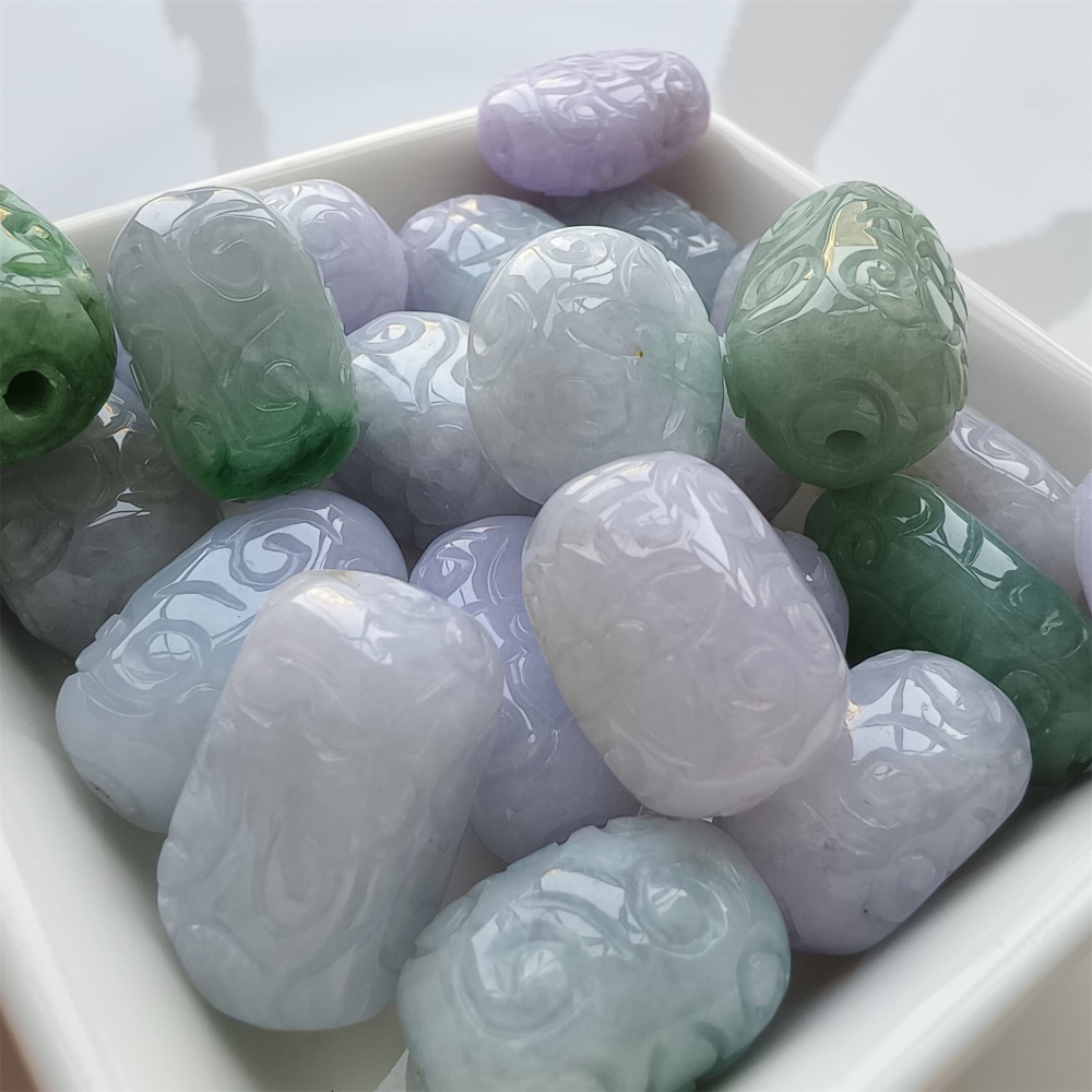DDP | Natural Certificated Type A 13-17X18-25.5mm Green White Lavender Burmese Jadeite Oval Beads With Flowers Carved,Go Through Hole Beads,DIY Jewelry Supplies