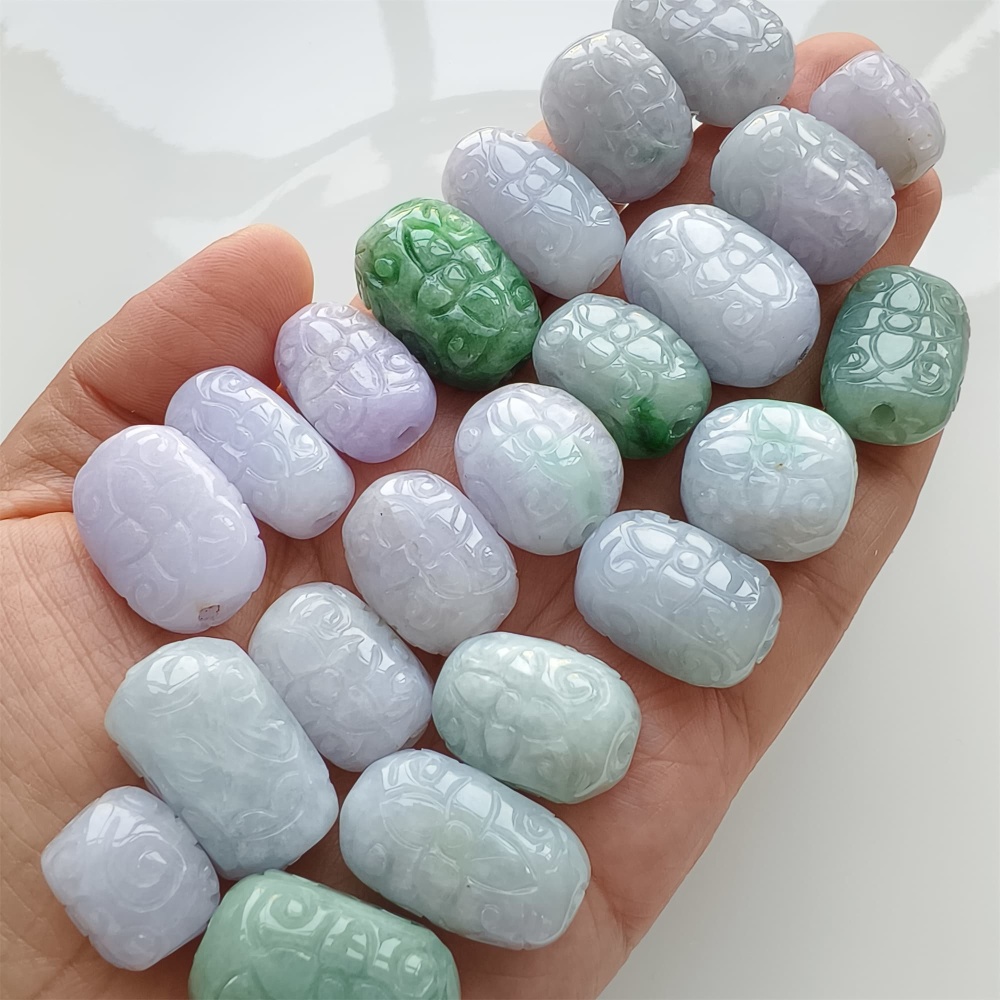 DDP | Natural Certificated Type A 13-17X18-25.5mm Green White Lavender Burmese Jadeite Oval Beads With Flowers Carved,Go Through Hole Beads,DIY Jewelry Supplies