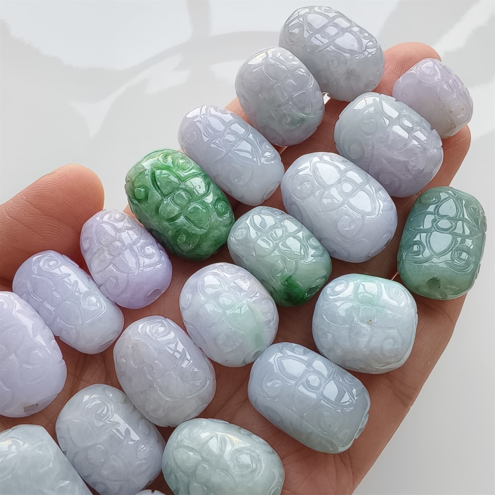 DDP | Natural Certificated Type A 13-17X18-25.5mm Green White Lavender Burmese Jadeite Oval Beads With Flowers Carved,Go Through Hole Beads,DIY Jewelry Supplies