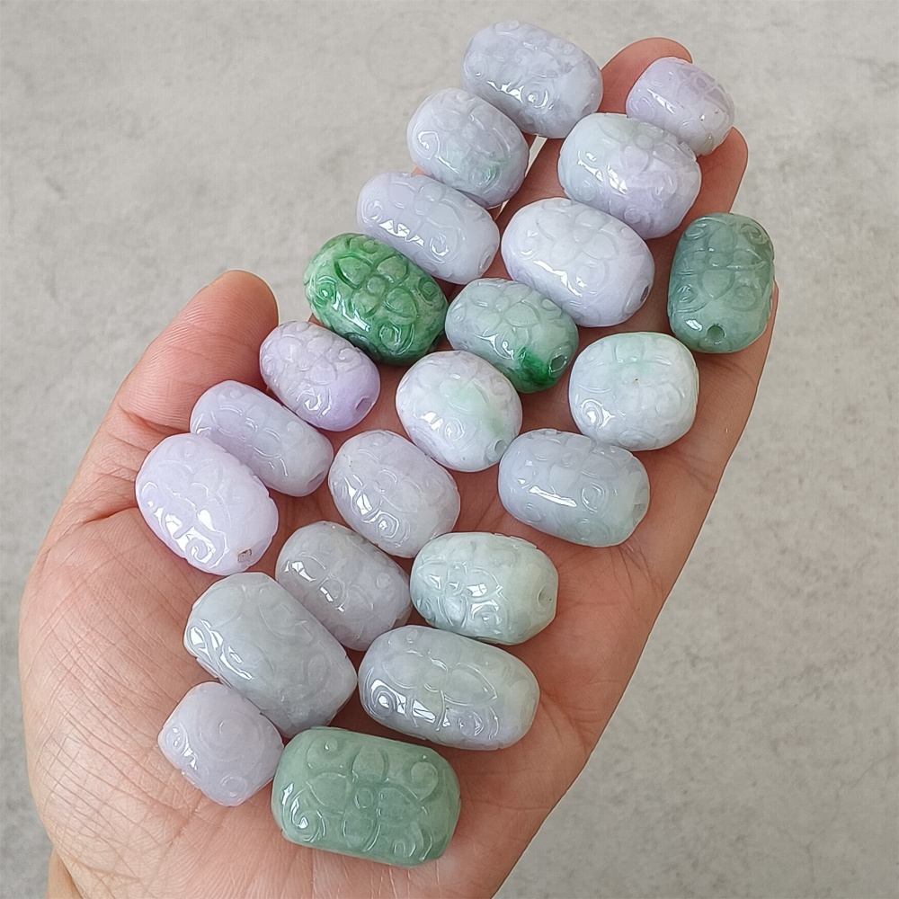 DDP | Natural Certificated Type A 13-17X18-25.5mm Green White Lavender Burmese Jadeite Oval Beads With Flowers Carved,Go Through Hole Beads,DIY Jewelry Supplies