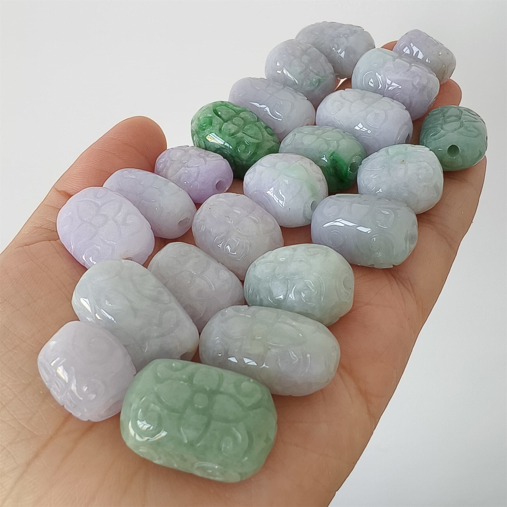 DDP | Natural Certificated Type A 13-17X18-25.5mm Green White Lavender Burmese Jadeite Oval Beads With Flowers Carved,Go Through Hole Beads,DIY Jewelry Supplies