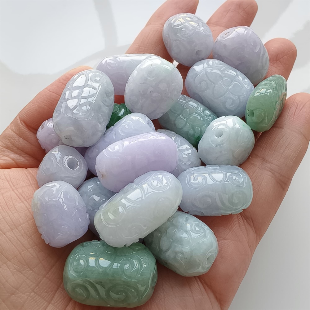 DDP | Natural Certificated Type A 13-17X18-25.5mm Green White Lavender Burmese Jadeite Oval Beads With Flowers Carved,Go Through Hole Beads,DIY Jewelry Supplies