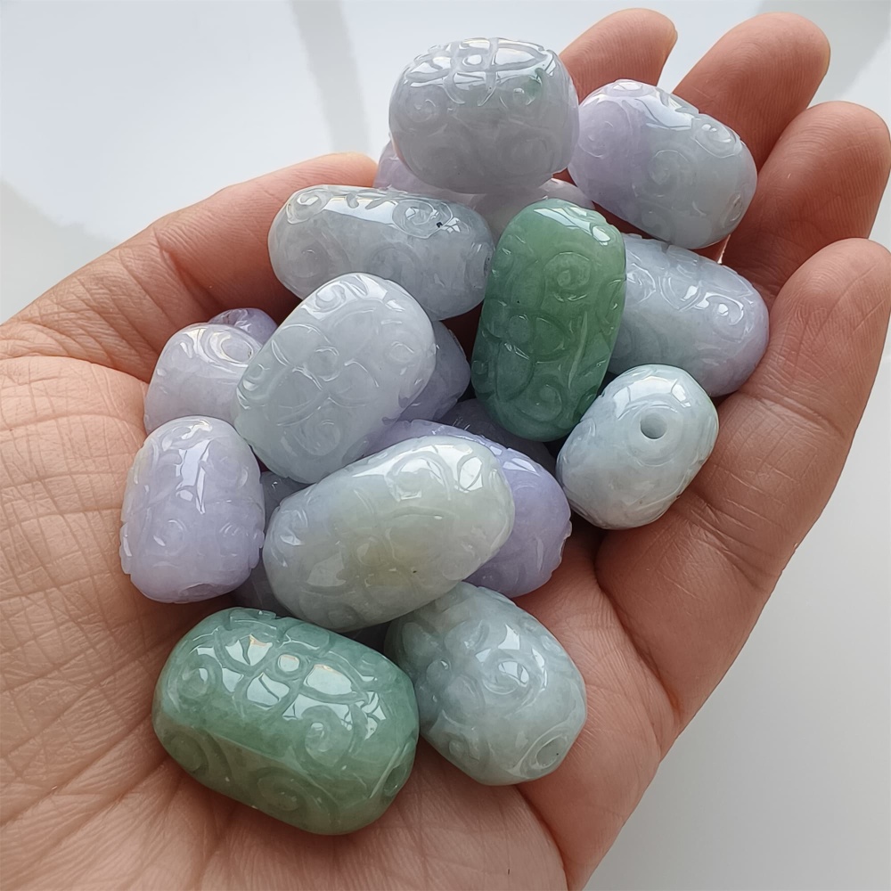 DDP | Natural Certificated Type A 13-17X18-25.5mm Green White Lavender Burmese Jadeite Oval Beads With Flowers Carved,Go Through Hole Beads,DIY Jewelry Supplies