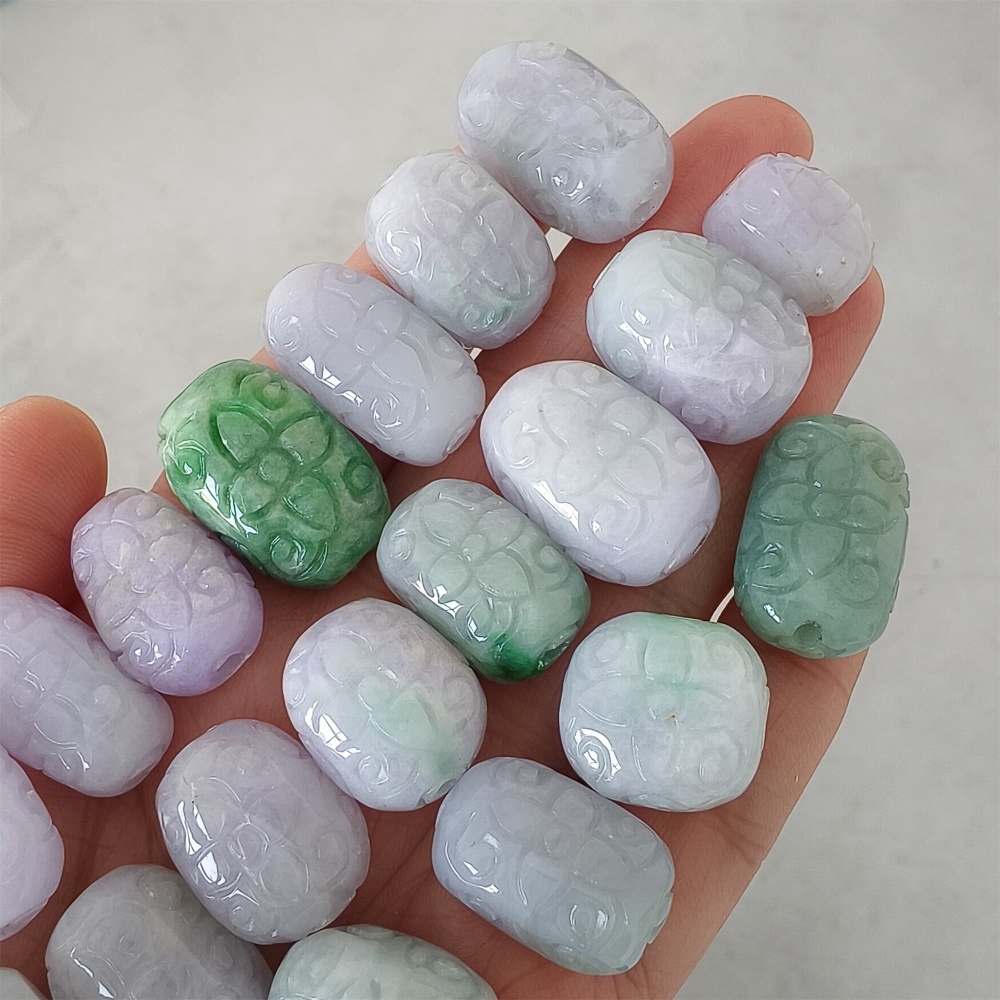 DDP | Natural Certificated Type A 13-17X18-25.5mm Green White Lavender Burmese Jadeite Oval Beads With Flowers Carved,Go Through Hole Beads,DIY Jewelry Supplies