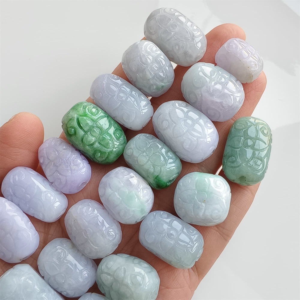 DDP | Natural Certificated Type A 13-17X18-25.5mm Green White Lavender Burmese Jadeite Oval Beads With Flowers Carved,Go Through Hole Beads,DIY Jewelry Supplies