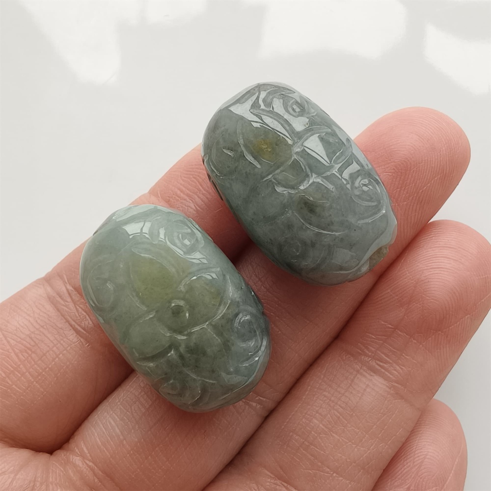 DDP | 2pcs Natural Certificated Type A 25-26X16mm Black Chicken Species Burmese Jadeite Oval Beads With Flowers Carved,Go Through Hole Beads,DIY Jewelry Supplies