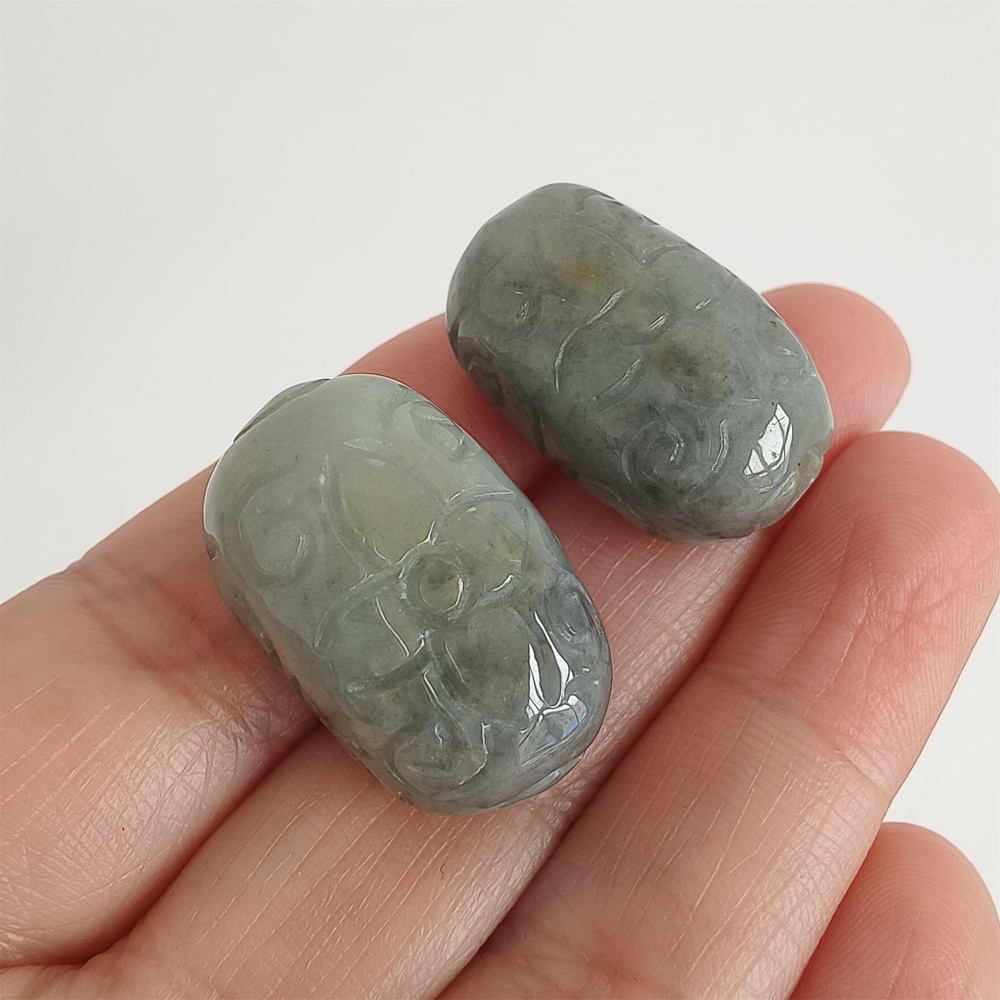 DDP | 2pcs Natural Certificated Type A 25-26X16mm Black Chicken Species Burmese Jadeite Oval Beads With Flowers Carved,Go Through Hole Beads,DIY Jewelry Supplies