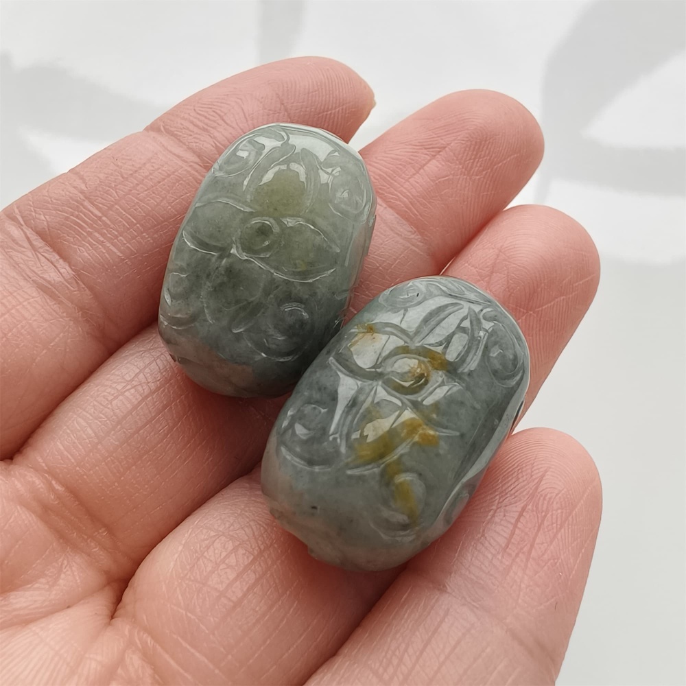 DDP | 2pcs Natural Certificated Type A 25-26X16mm Black Chicken Species Burmese Jadeite Oval Beads With Flowers Carved,Go Through Hole Beads,DIY Jewelry Supplies