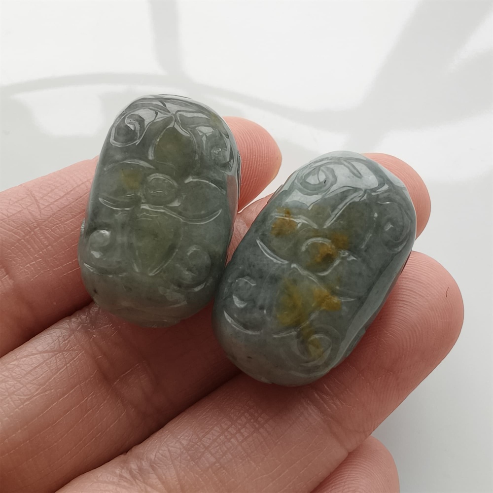 DDP | 2pcs Natural Certificated Type A 25-26X16mm Black Chicken Species Burmese Jadeite Oval Beads With Flowers Carved,Go Through Hole Beads,DIY Jewelry Supplies