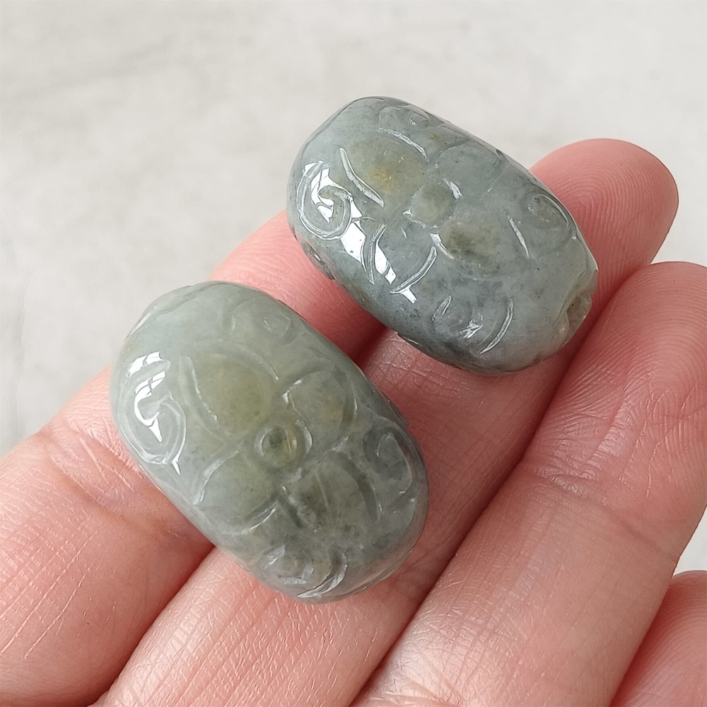 DDP | 2pcs Natural Certificated Type A 25-26X16mm Black Chicken Species Burmese Jadeite Oval Beads With Flowers Carved,Go Through Hole Beads,DIY Jewelry Supplies