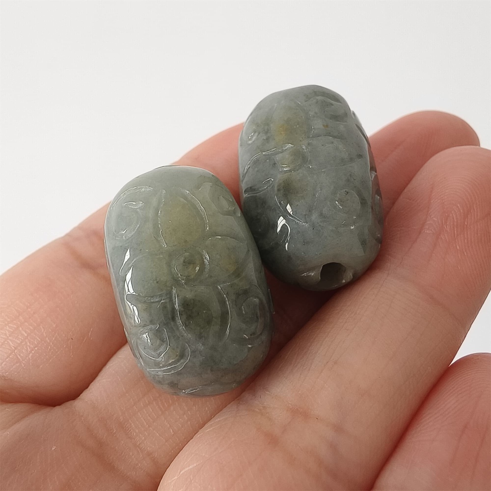 DDP | 2pcs Natural Certificated Type A 25-26X16mm Black Chicken Species Burmese Jadeite Oval Beads With Flowers Carved,Go Through Hole Beads,DIY Jewelry Supplies
