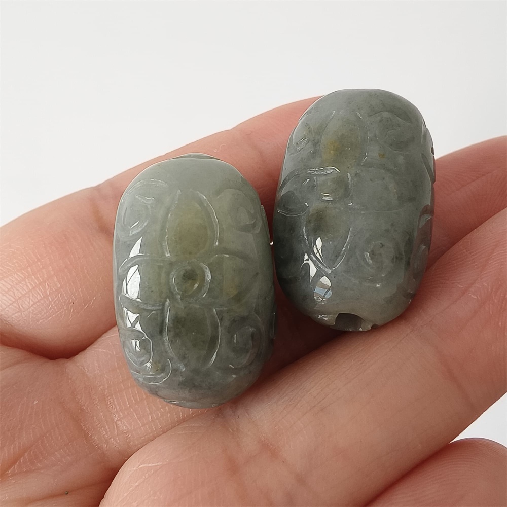 DDP | 2pcs Natural Certificated Type A 25-26X16mm Black Chicken Species Burmese Jadeite Oval Beads With Flowers Carved,Go Through Hole Beads,DIY Jewelry Supplies