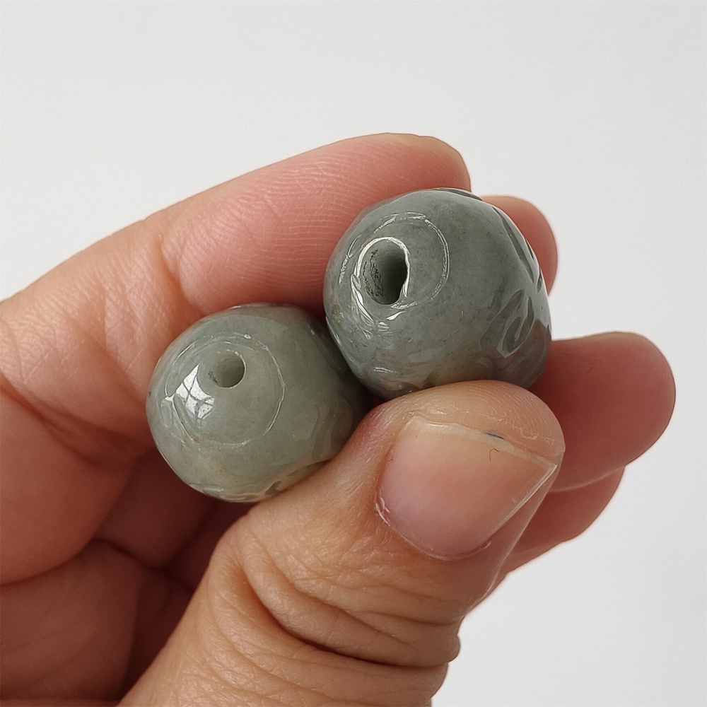 DDP | 2pcs Natural Certificated Type A 25-26X16mm Black Chicken Species Burmese Jadeite Oval Beads With Flowers Carved,Go Through Hole Beads,DIY Jewelry Supplies