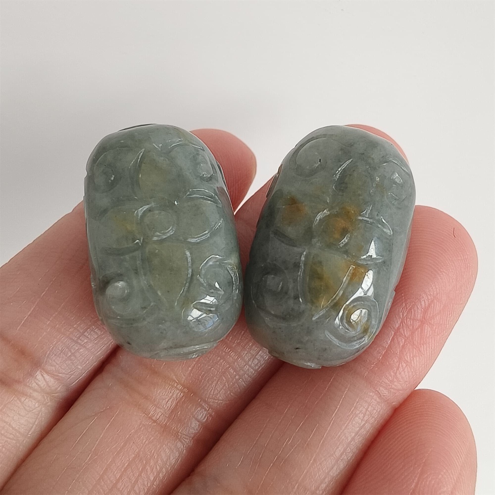 DDP | 2pcs Natural Certificated Type A 25-26X16mm Black Chicken Species Burmese Jadeite Oval Beads With Flowers Carved,Go Through Hole Beads,DIY Jewelry Supplies