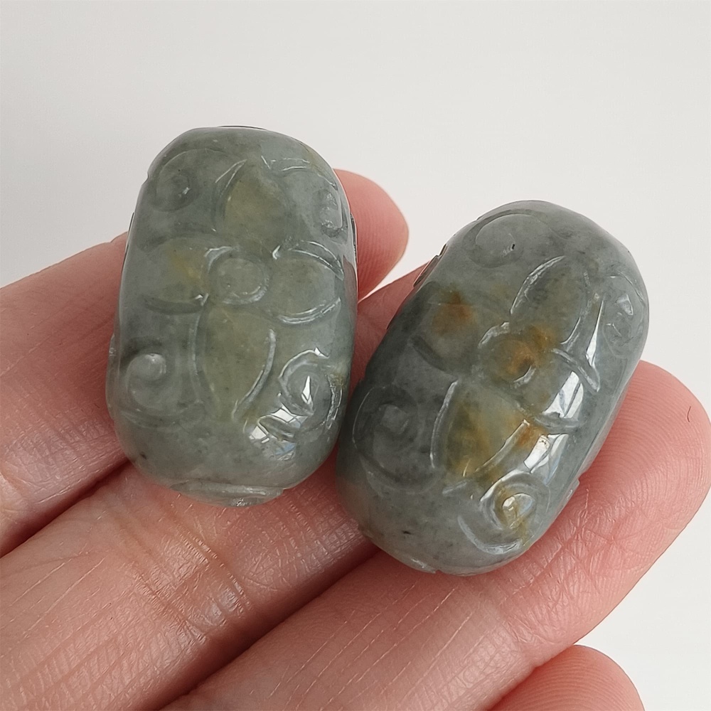 DDP | 2pcs Natural Certificated Type A 25-26X16mm Black Chicken Species Burmese Jadeite Oval Beads With Flowers Carved,Go Through Hole Beads,DIY Jewelry Supplies