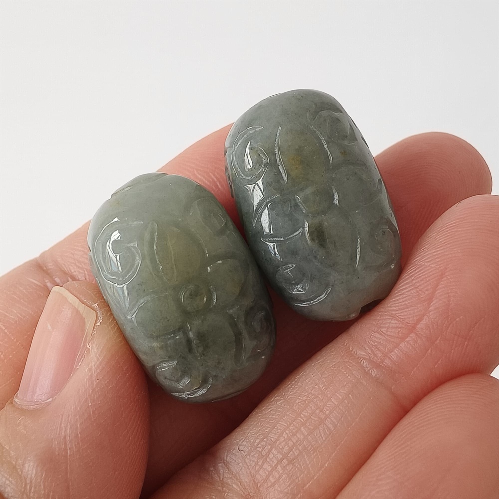 DDP | 2pcs Natural Certificated Type A 25-26X16mm Black Chicken Species Burmese Jadeite Oval Beads With Flowers Carved,Go Through Hole Beads,DIY Jewelry Supplies