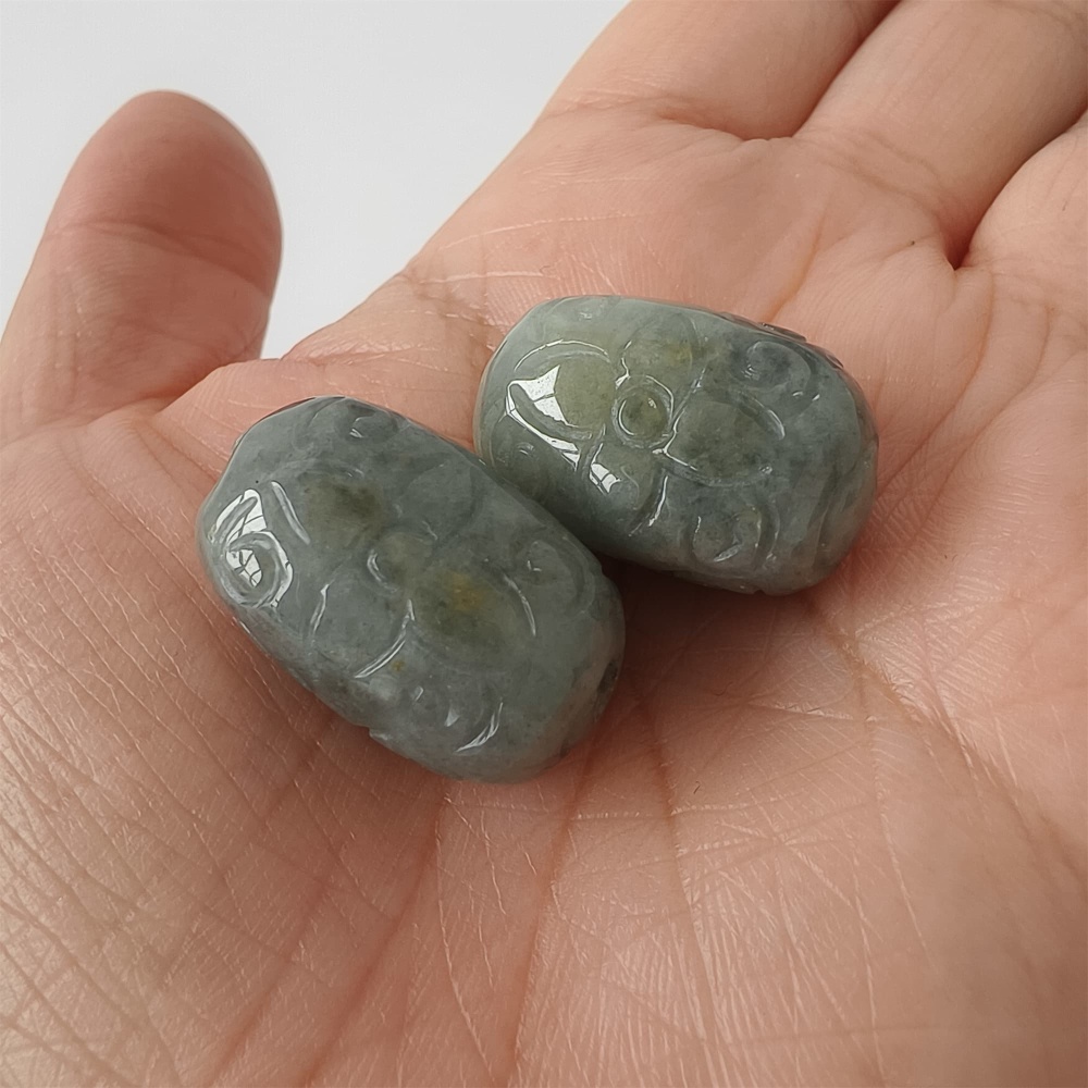 DDP | 2pcs Natural Certificated Type A 25-26X16mm Black Chicken Species Burmese Jadeite Oval Beads With Flowers Carved,Go Through Hole Beads,DIY Jewelry Supplies