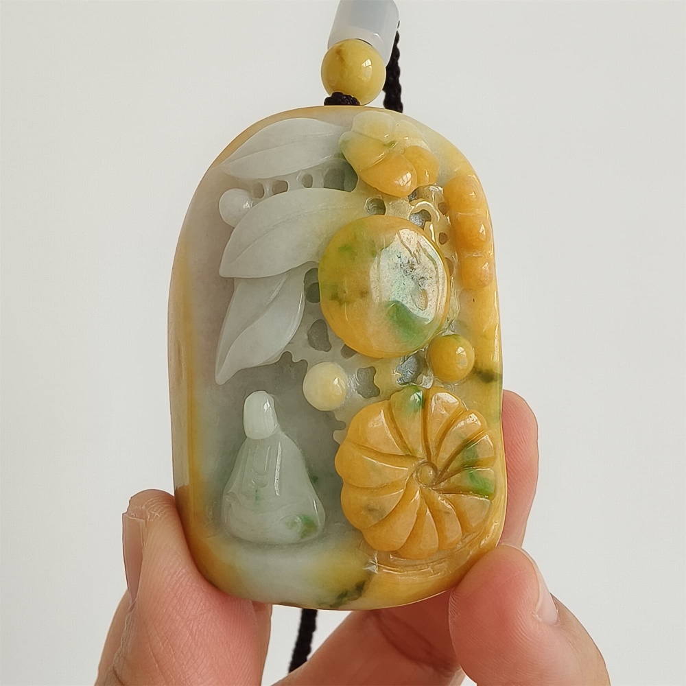 DDP | Unique Certificated Natural Hand Carved Yellow Color Heated 57X40X21mm Burmese Jadeite 悟道 Pendant,Amulet Pendant,DIY Jewelry Supplies