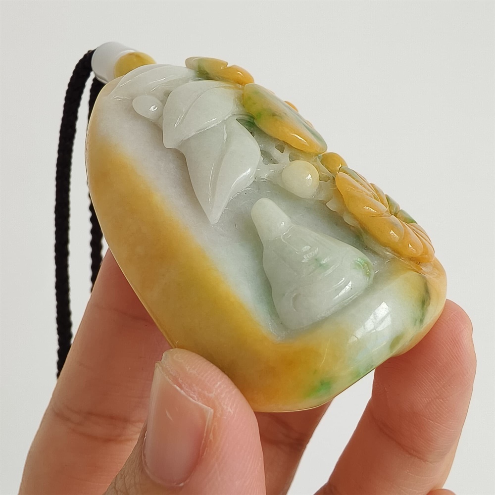DDP | Unique Certificated Natural Hand Carved Yellow Color Heated 57X40X21mm Burmese Jadeite 悟道 Pendant,Amulet Pendant,DIY Jewelry Supplies