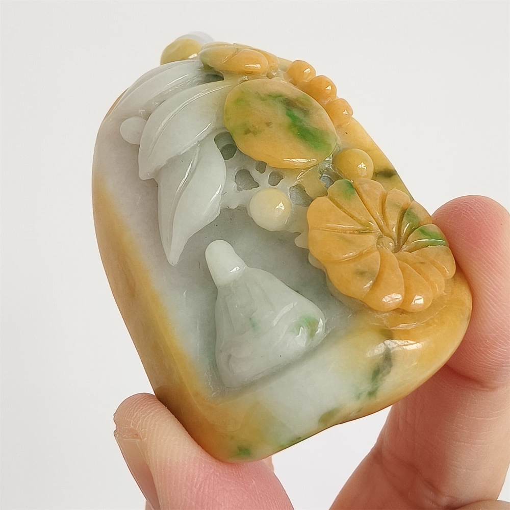 DDP | Unique Certificated Natural Hand Carved Yellow Color Heated 57X40X21mm Burmese Jadeite 悟道 Pendant,Amulet Pendant,DIY Jewelry Supplies